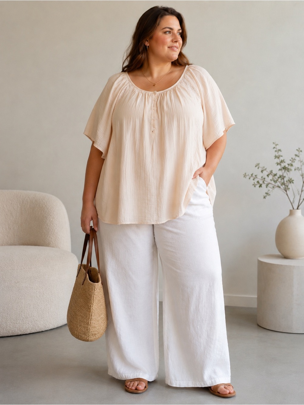 Old Navy Gauze Cotton Blouse 3X Boho Peasant Top Cream Embroidered Relaxed Fit